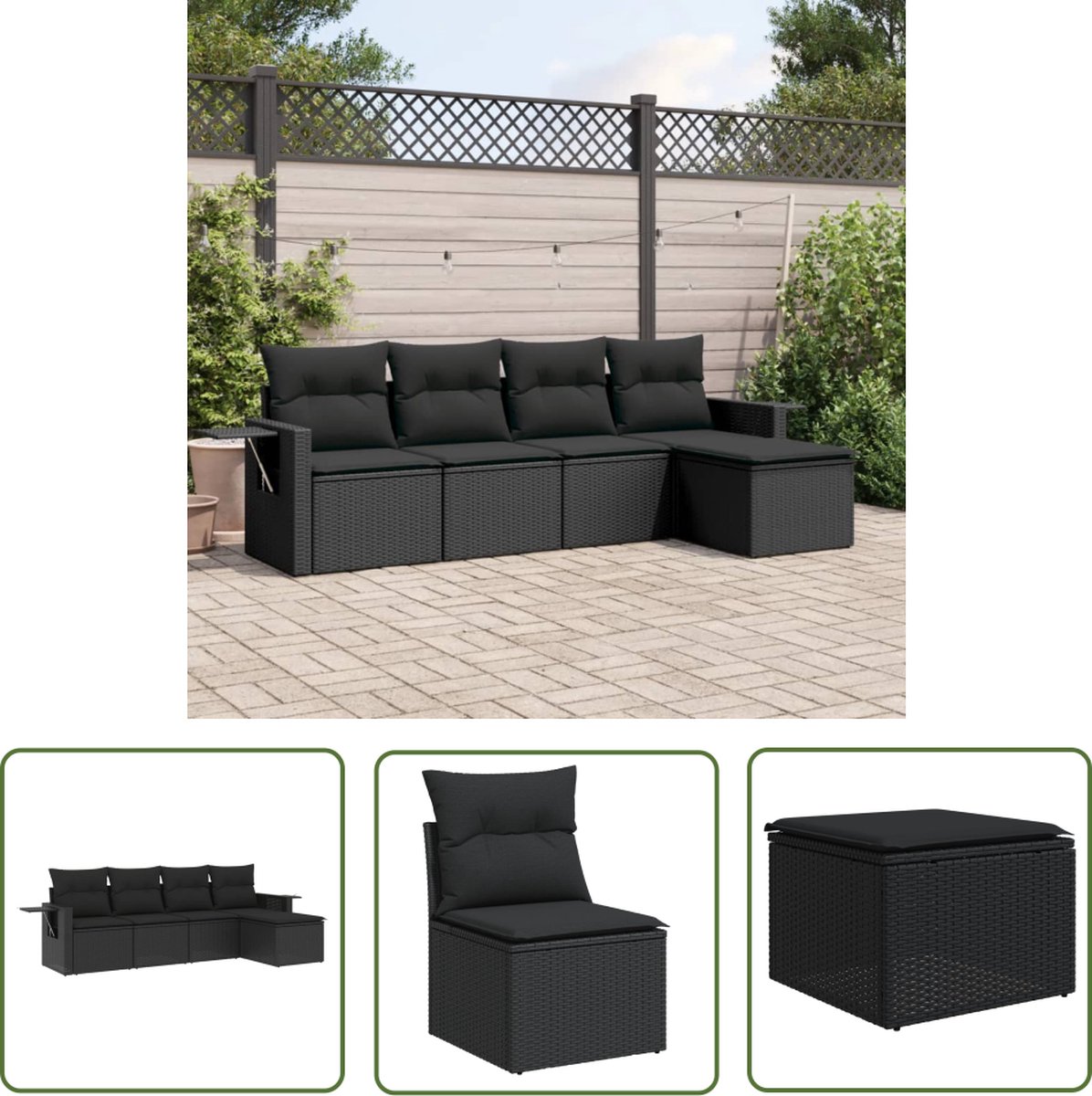 The Living Store 5-delige Loungeset met kussens poly rattan zwart - Loungeset - Tuinset - Lounge - Outdoor Furniture - Tuinmeubelen