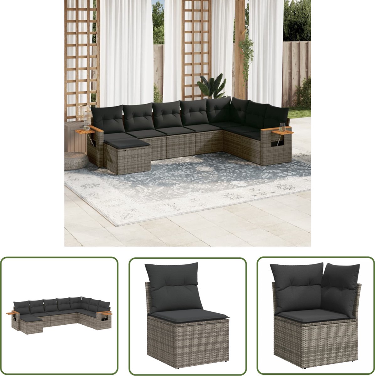 Grijze poly rattan loungeset met kussens voor buiten - The Living Store.