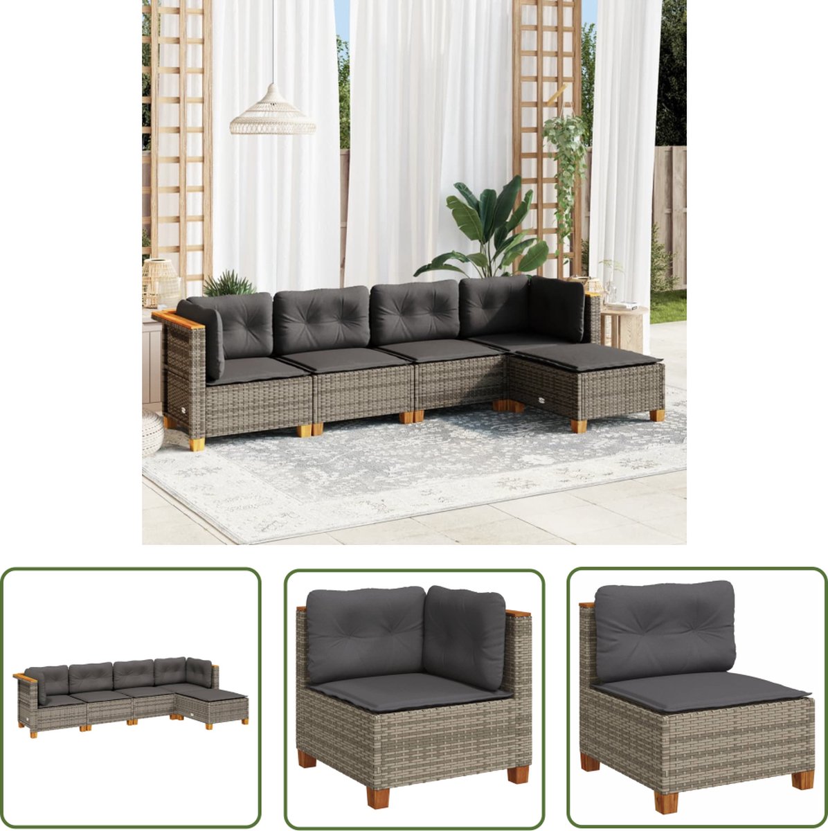 The Living Store 5-delige Loungeset met kussens poly rattan grijs - Loungeset - Tuinset - Lounge Set - Buis Meubel - Tuinmeubels