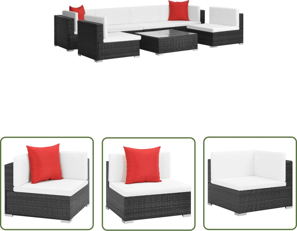 The Living Store 7-delige Loungeset met kussens poly rattan zwart - Hoekenbank - Lounge Set - Tuinset - Buitenshuis Meubilair - Rattan Meubel