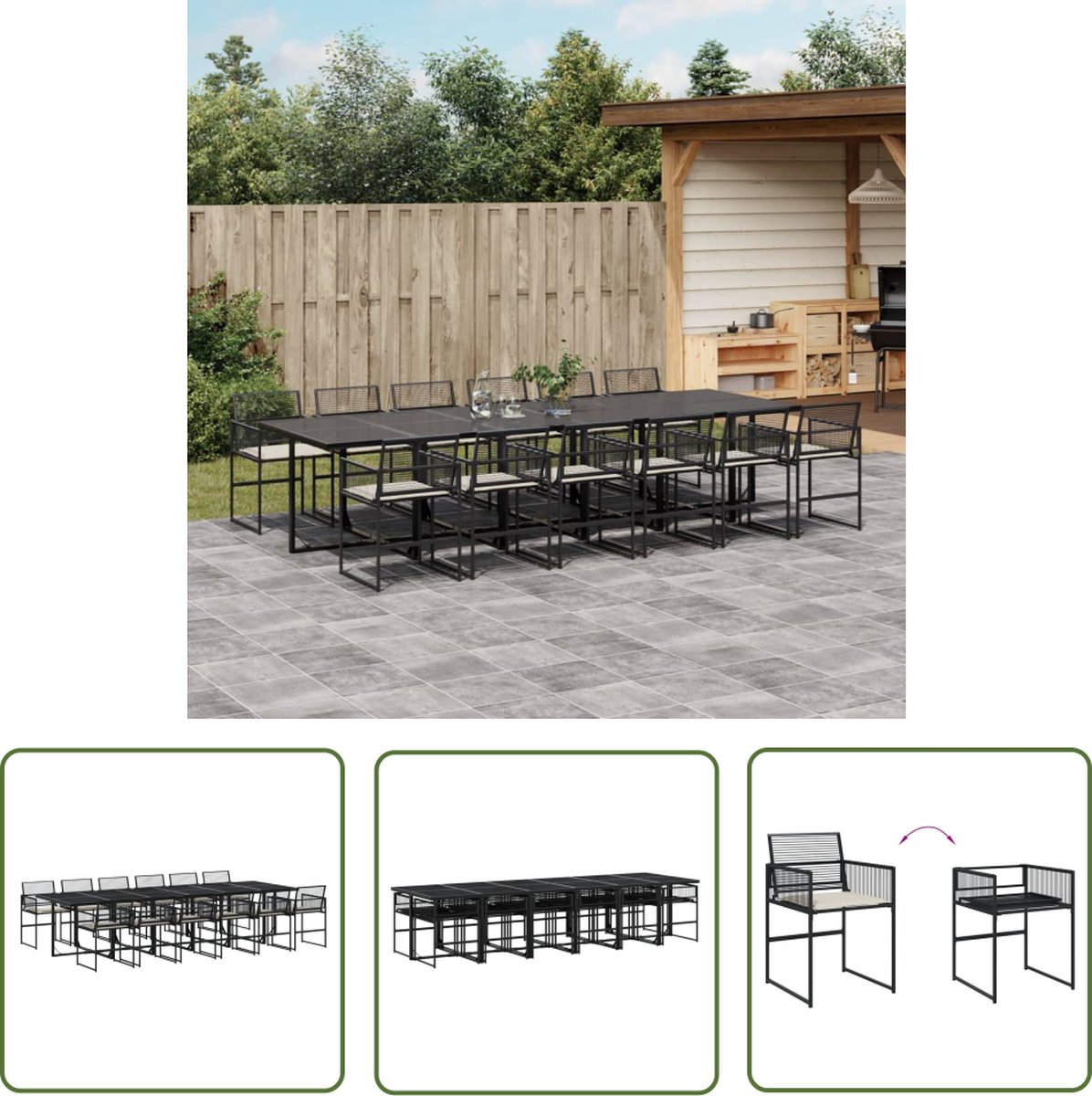 The Living Store 13-delige Tuinset met kussens poly rattan zwart - Tuinsets - Buitentafels - Lounge Sets - Eetkamerstoelen - Outdoor Furniture