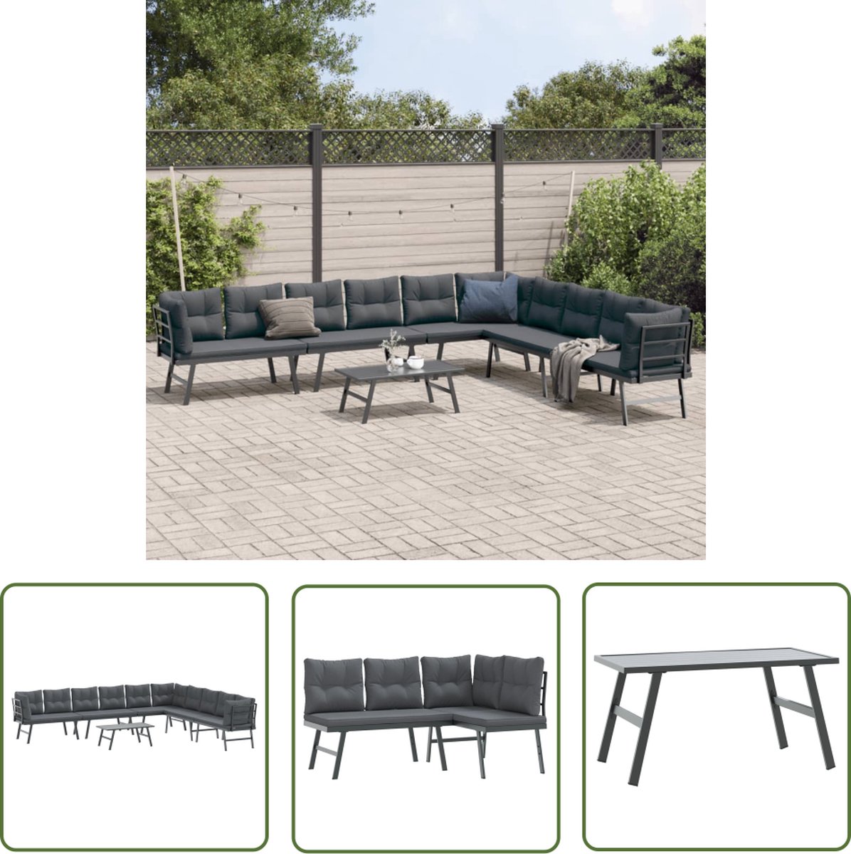 The Living Store 5-delige Tuinbankenset met kussens gepoedercoat staal zwart - Tuinbankenset - Tuinset - Buitendecoratie - Buitenleven - Lounge Set
