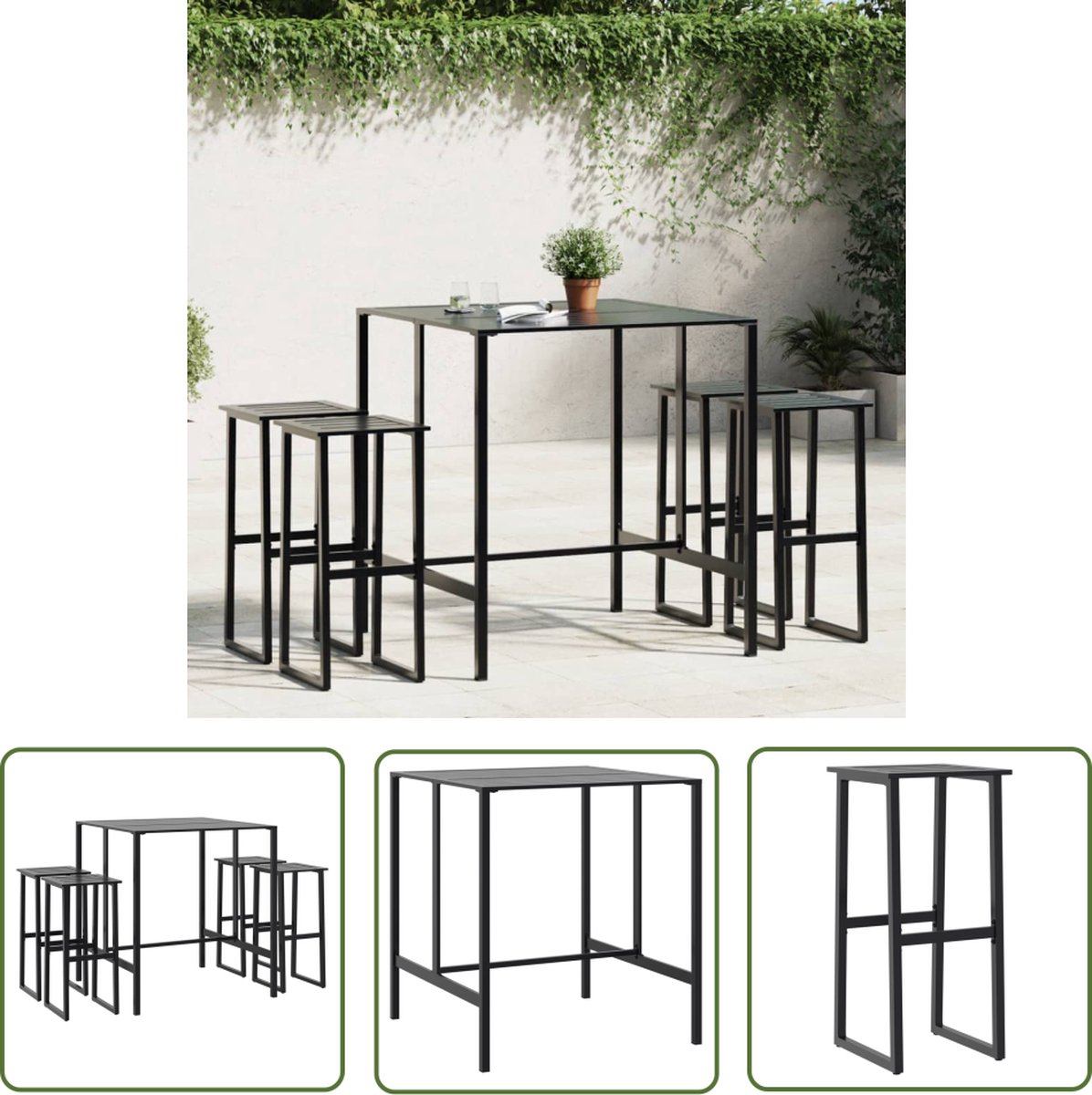 Zwarte gepoedercoate stalen 5-delige tuinbarset van The Living Store.