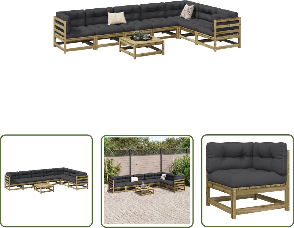 The Living Store 8-delige Loungeset met kussens geïmpregneerd grenenhout - Loungebank - Tuinset - Houten Lounge - Buitendiner - Tuinmeubels