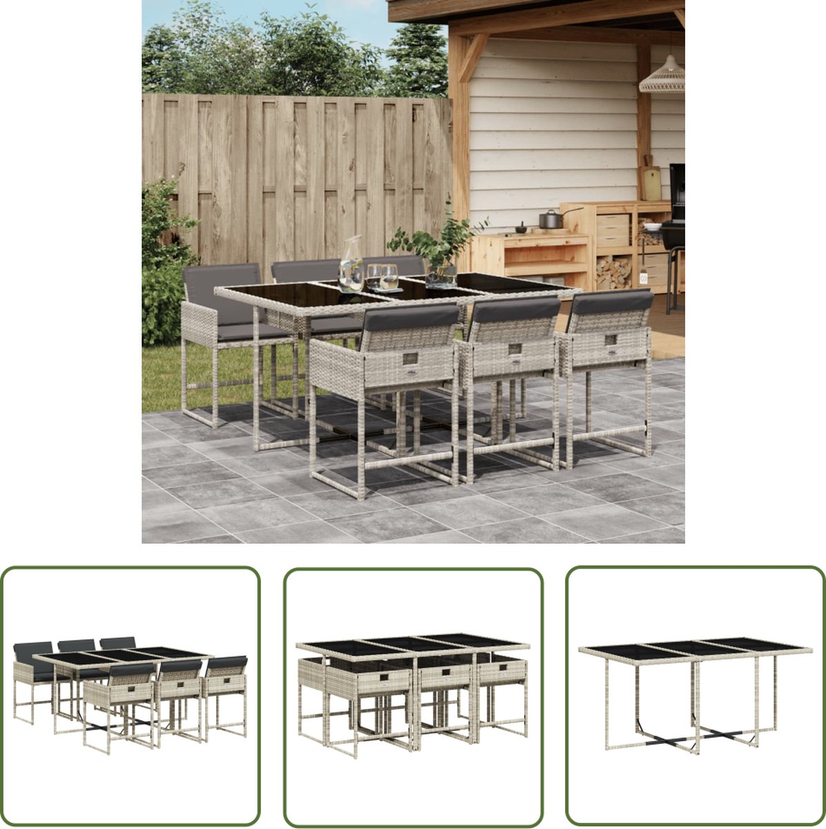 The Living Store 7-delige Tuinset met kussens poly rattan grijs - Tuinset - Buitentafel - Lounge Set - Eetkamerset - Patio Furniture