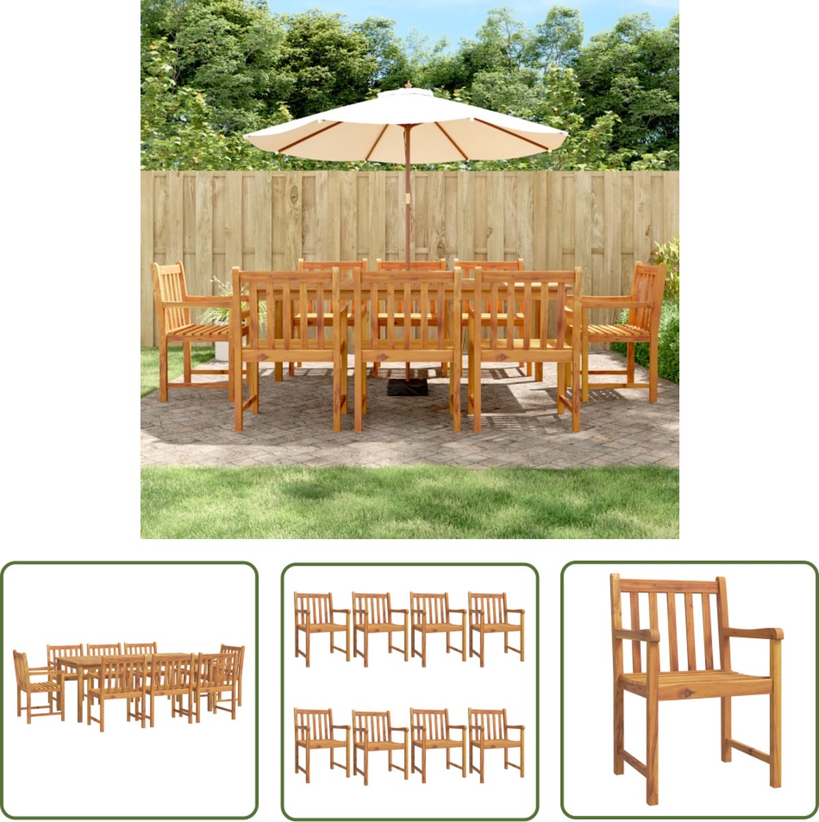 Massief acaciahouten tuinbank en buitentafel set van The Living Store.