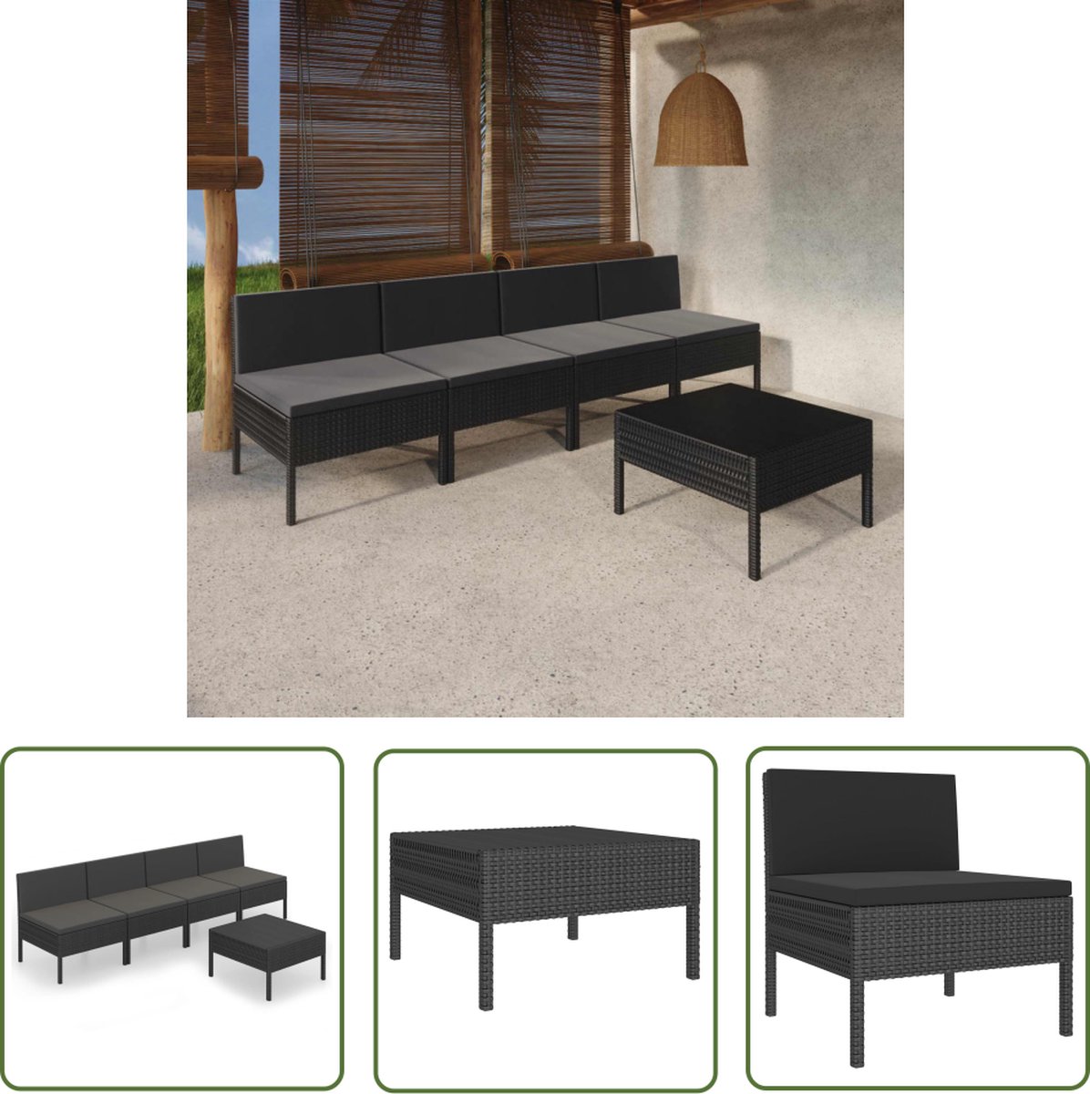 Poly rattan loungeset in zwart met kussens voor tuin- en loungedining.