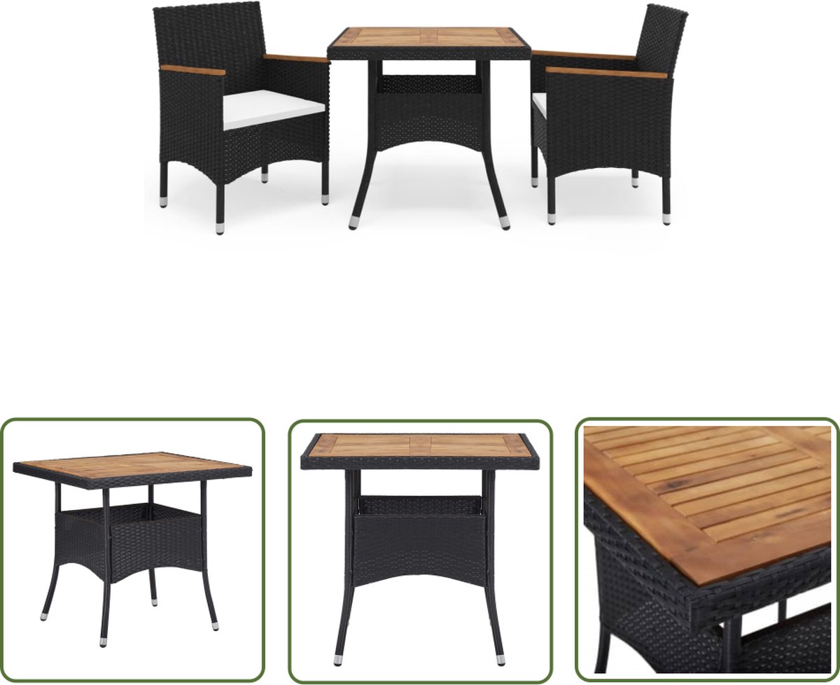 The Living Store 3-delige Tuinset poly rattan en acaciahout zwart - Eetkamerset - Tuinset - Buitendecoratie - Acacia Houten Meubels - Kunststof Ratan Meubilair
