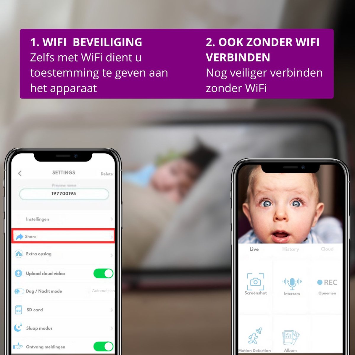 Afbeelding 3 van iNeedy Astronaut babyfoon met camera en app - Baby monitor - 2K scherm resolutie - 2025 model - Intelligente detectoren