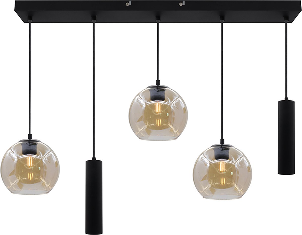 Olucia - GIANNI - Hanglamp - Zwart / Grijs - 5L - Vorm: Rechthoek