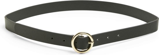 Zwarte riem met goudkleurige gesp, los op een witte achtergrond.