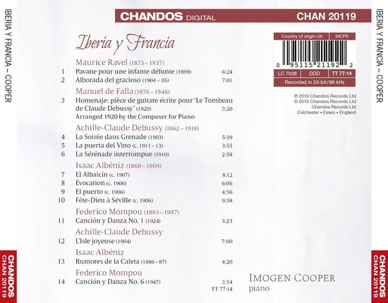 CD-hoes met tracklist en informatie over Iberia y Francia door Imogen Cooper.