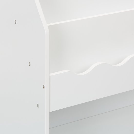Detail van de zijkant van een wit kinderboekenrek met schroeven.