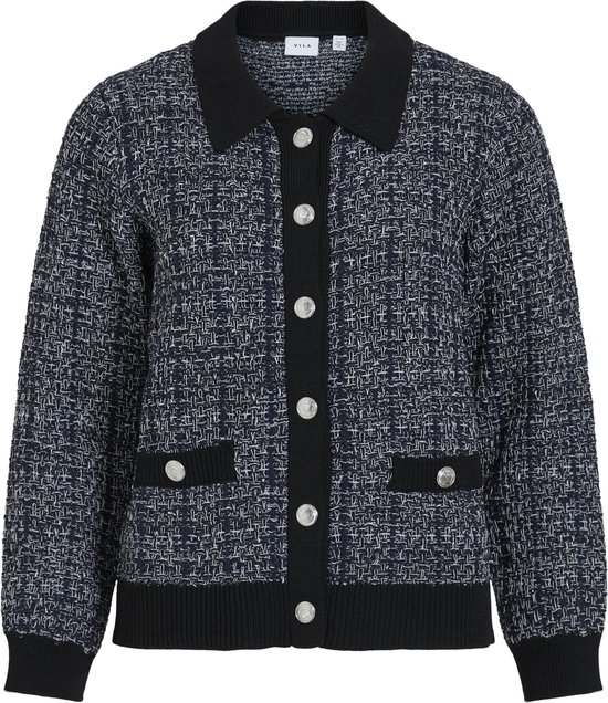 Cardigan en tricot bleu avec logo VILA, col, poignets et ourlet noirs, et boutons argentés.