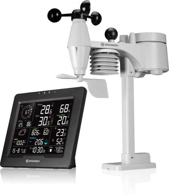Zwart digitaal weerstation en witte 8-in-1 sensorunit met anemometer, windvaan en regenmeter.