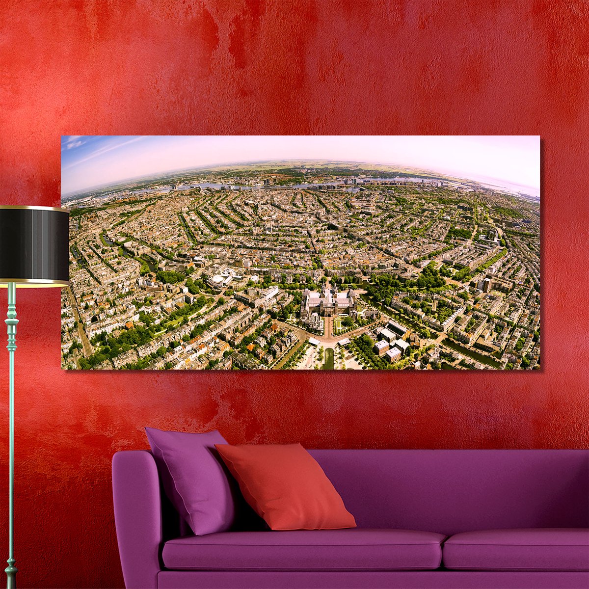 Amsterdam in Panorama | 200 x 95 cm | Foto op Canvas | Luchtfoto | Wanddecoratie | Skyline | Bijzonder Gedetailleerd