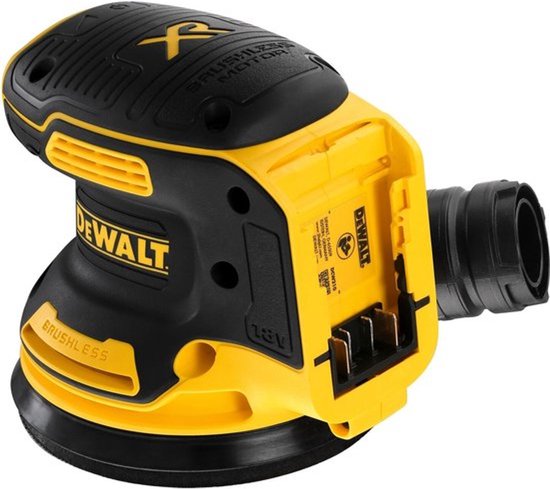 DeWalt 18V XR Brushless excenterschuurmachine met batterijcompartiment aan de achterzijde.