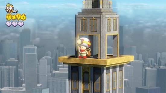 Toad staat op een wolkenkrabber met een stad op de achtergrond.