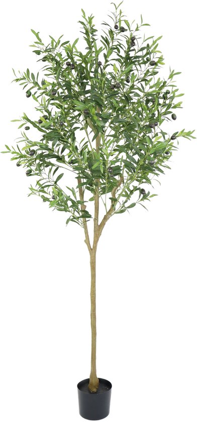 Un olivier artificiel aux feuilles vertes et olives sombres, avec un pot noir à la base, isolé sur fond blanc.