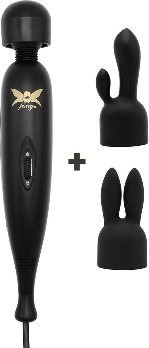 Pixey Turbo Special Black Edition – Krachtige Vibrator Wand met 2 Opzetstukken, 3000–14000 RPM, Instelbare Trillingen, 2,5 m Kabel, Bedraad