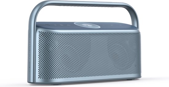 Een blauwe Soundcore Motion X600 Bluetooth speaker met een draaggreep en grille aan de voorkant.
