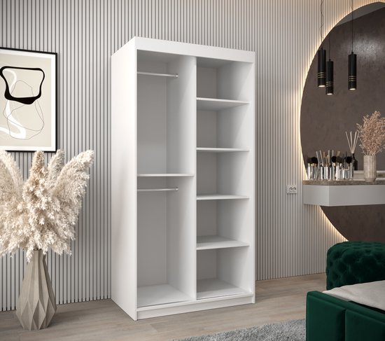 InspireMe - Armoire avec 2 portes coulissantes, Style moderne, Armoire avec étagères (LxHxP): 100x200x62 - TORM 100 Wit Mat