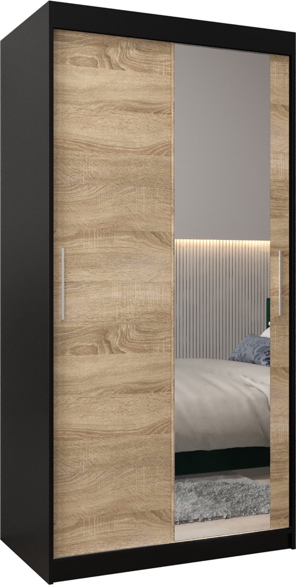 InspireME Kledingkast met 2 schuifdeuren, Modern-stijl, Kledingkast met planken (BxHxD): 100x200x62 - TORM II 100 Zwart Mat + Sonoma Eik
