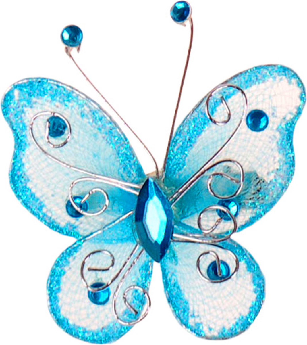 Haarklemmetje Vlinder Aquablauw met Organza, Steentjes en Glitters - 6x5cm