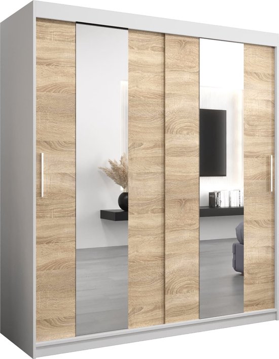 InspireMe - Kledingkast met 2 schuifdeuren, Modern-stijl, Een kledingkast met planken en een spiegel (BxHxD): 180x200x62 - DANCE 180 Wit Mat + Sonoma Eik