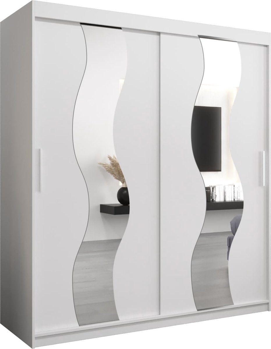 InspireME Kledingkast met 2 schuifdeuren, Modern-stijl, Een kledingkast met planken en een spiegel (BxHxD): 180x200x62 - REESE 180 Wit Mat