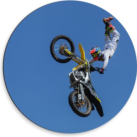 WallClassics - Dibond Muurcirkel - Stunt BMX'er in de Lucht - 50x50 cm Foto op Aluminium Muurcirkel (met ophangsysteem)