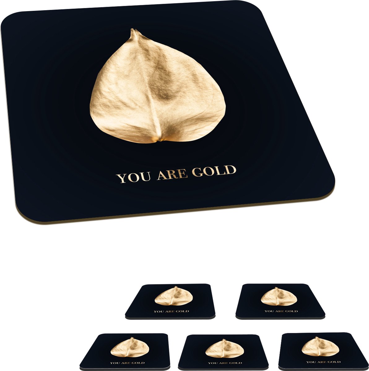 Onderzetters voor glazen - Blad - Goud - Quotes - 10x10 cm - Glasonderzetters - 6 stuks