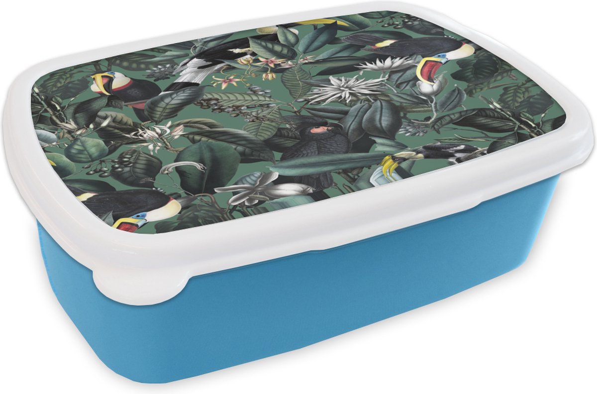 Broodtrommel Blauw - Lunchbox - Brooddoos - Bloemen - Vogel- Collage - 18x12x6 cm - Kinderen - Jongen