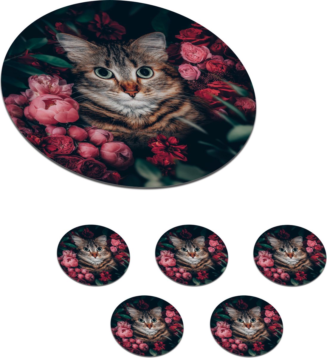 Onderzetters voor glazen - Rond - Kat - Bloemen - Bladeren - Botanisch - 10x10 cm - Glasonderzetters - 6 stuks