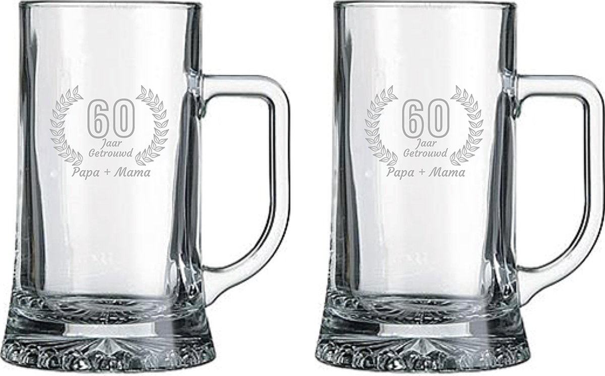 Gegraveerde set bierpullen 50cl Papa + Mama 60 jaar getrouwd