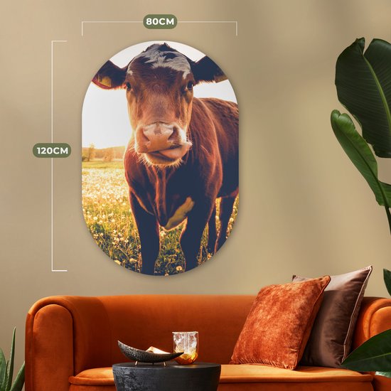 Ovale mural - Ovale mural - Décoration murale en plastique - Tableau ovale - Vache - Coucher de soleil - Fleurs - Herbe - Animaux - 80x120 cm - Forme miroir ovale sur plastique