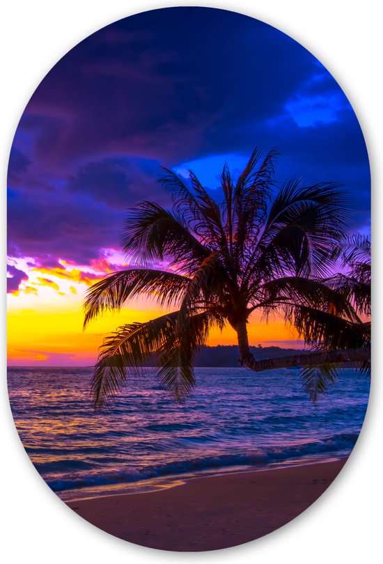Ovale mural - Décoration murale en plastique - Tableau ovale - Palmier - Violet - Coucher de soleil - Plage - Mer - 60x90 cm - Forme miroir ovale sur plastique