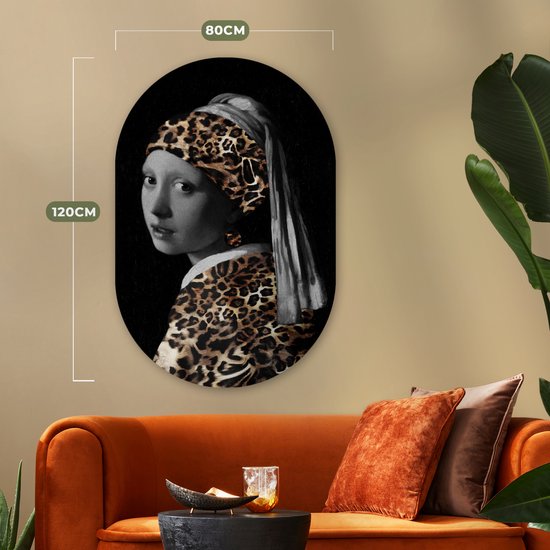 Wall Oval - Décoration murale en plastique - Peinture ovale - La jeune fille à la perle - Johannes Vermeer - Imprimé panthère - 80x120 cm - Forme miroir ovale sur plastique
