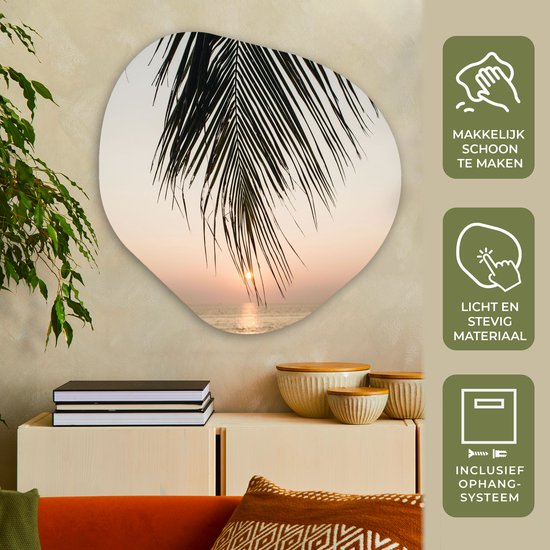 Organische wanddecoratie 90x90 cm - Organisch schilderij Palmblad - Zon - Zomer - Strand - Muurdecoratie woonkamer - Kamer decoratie - Schilderijen - Muurcirkel aesthetic