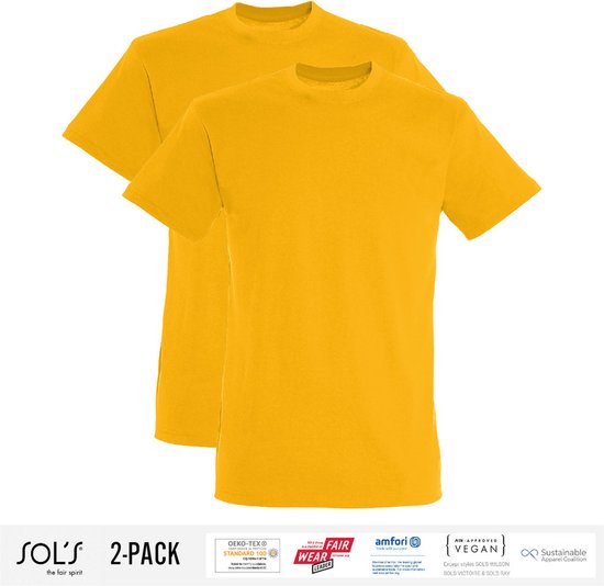 2 Pack Sol's Heren T-Shirt 100% biologisch katoen Ronde hals Geel Maat XL
