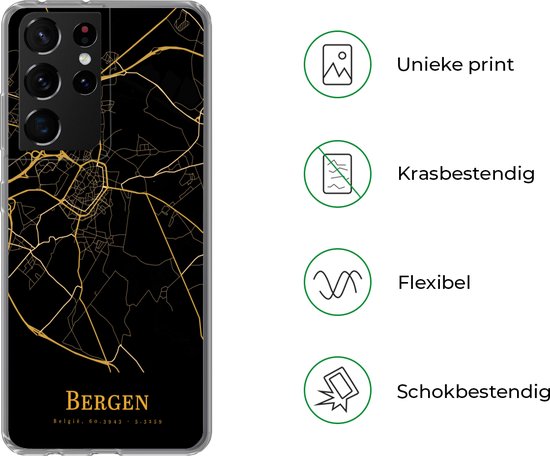 Telefoonhoesje Geschikt voor Samsung Galaxy S21 Ultra hoesje - Bergen - Kaart - Goud - Siliconen Telefoonhoesje Telefoonhoesje
