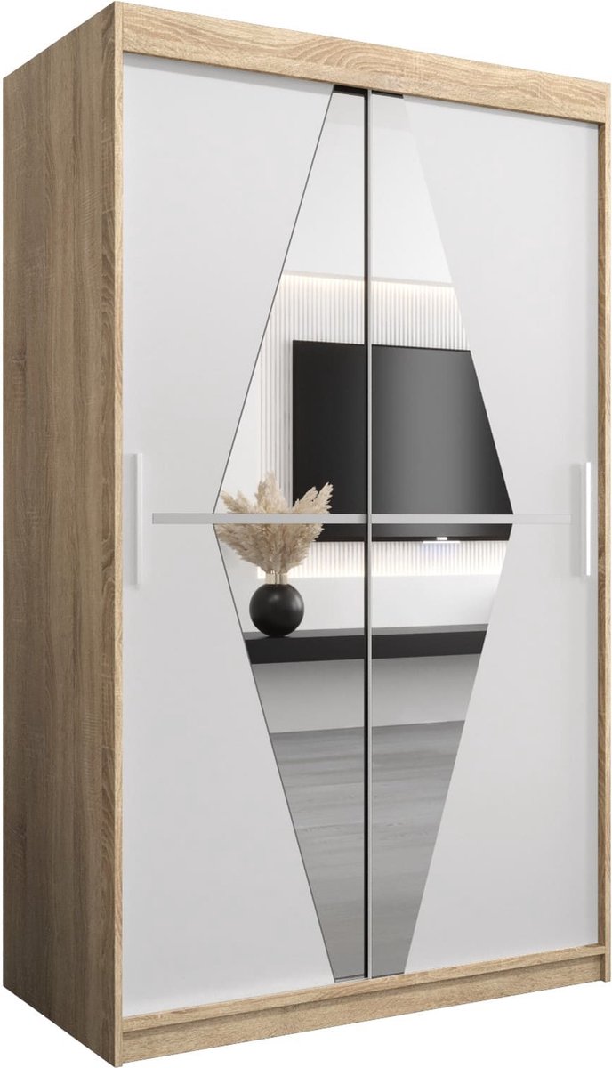 InspireME Kledingkast met 2 schuifdeuren, Modern-stijl, Een kledingkast met planken en een spiegel (BxHxD): 120x200x62 - BOLA 120 Sonoma Eik + Wit Mat met 2 lades