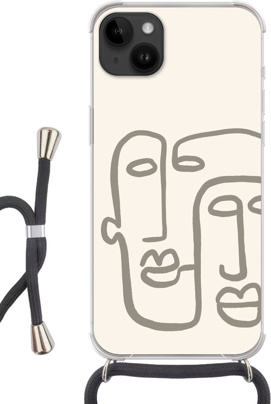 Telefoonhoesje Geschikt voorApple Iphone 14 Plus - Gezicht - Abstract - Line art - Siliconen - Crossbody - Backcover met Koord - Telefoonhoesje met koord - Hoesje met touw