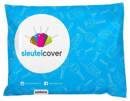 Blauwe verpakking van SleutelCover met witte sleutelafbeeldingen en logo.