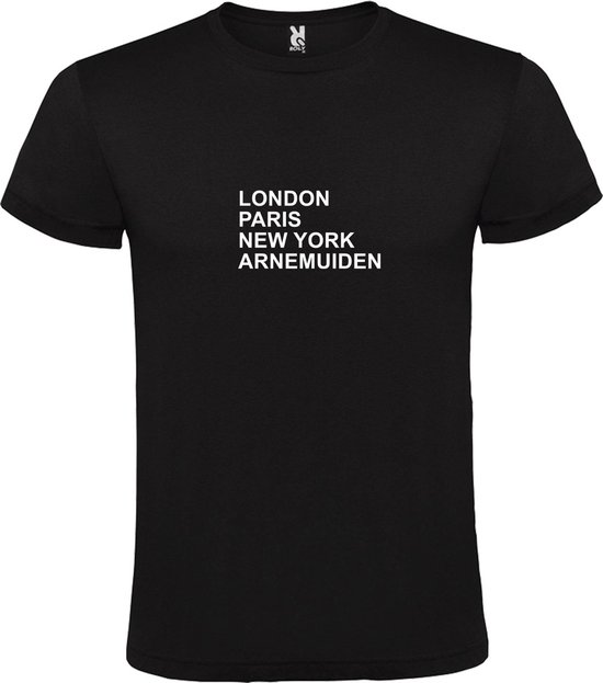 Zwart T-Shirt met “ LONDON, PARIS, NEW YORK, ARNEMUIDEN “ Afbeelding Wit Size L