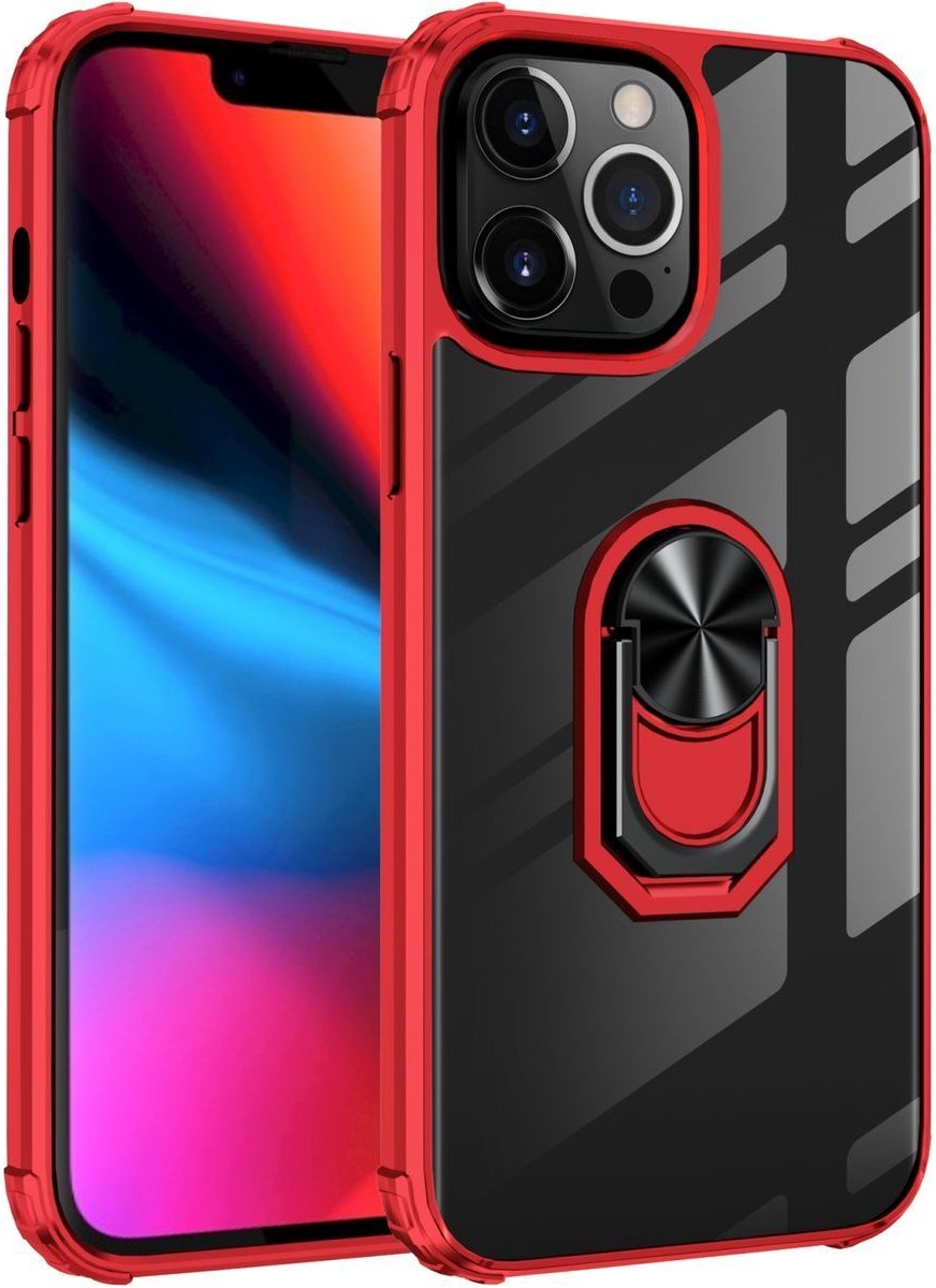 Mobigear Hoesje geschikt voor Apple iPhone 14 Pro Max Telefoonhoesje Hardcase | Mobigear Crystal Ring Backcover met Ringhouder | iPhone 14 Pro Max Case | Back Cover - Transparant / Rood