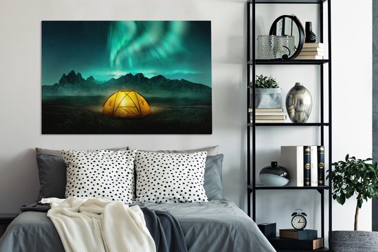 Toile Peinture Aurores Boréales - Tente - Lampe - 120x80 cm - Décoration murale