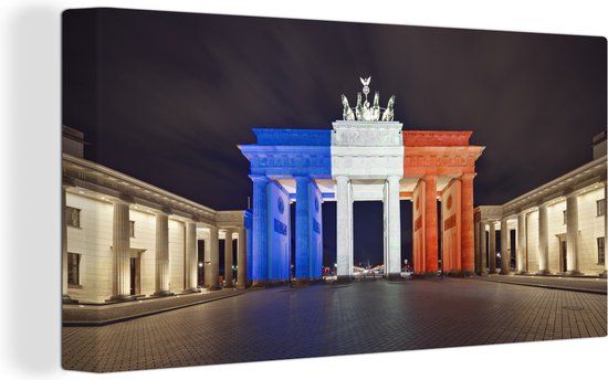 De Brandenburger Tor staat verlicht in de kleuren van de Franse vlag Canvas 40x20 cm - Foto print op Canvas schilderij (Wanddecoratie woonkamer / slaapkamer)