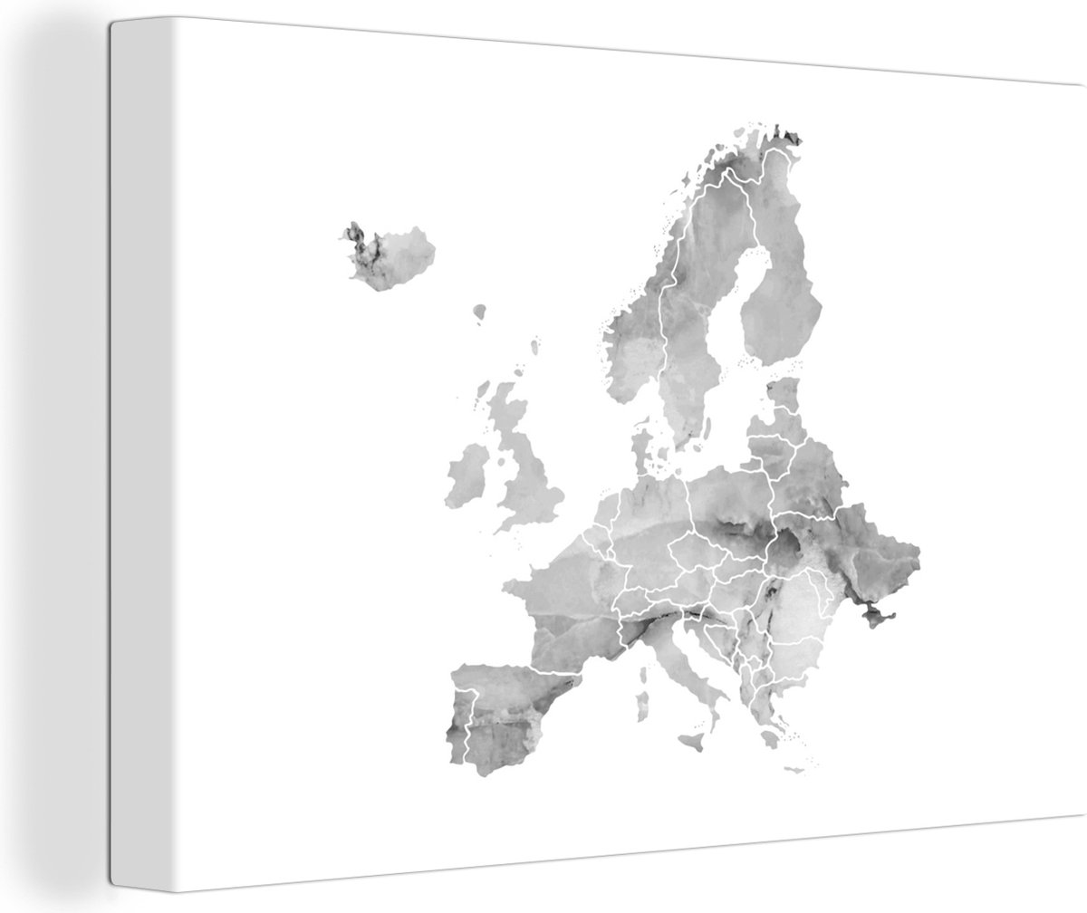 Canvas Schilderij Europakaart in waterverf - zwart wit - 120x80 cm - Wanddecoratie
