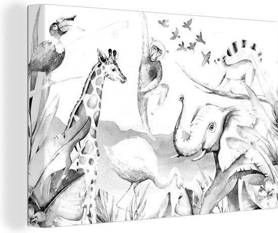 Canvas Schilderij Jungle - Dieren - Waterverf - Jongens - Meisjes - Kinderen - Kind - 120x80 cm - Wanddecoratie